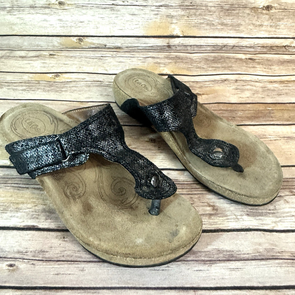 Taos Womens Black Metallic Leather Cork Platform Lucy Thong Sandals 8-8.5 - Picture 1 of 8
